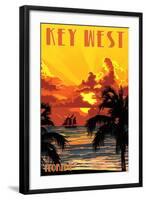 Key West, Florida - Sunset and Ship-Lantern Press-Framed Art Print