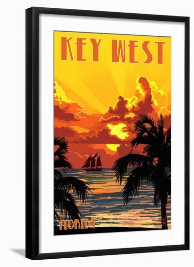 Key West, Florida - Sunset and Ship-Lantern Press-Framed Art Print