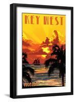 Key West, Florida - Sunset and Ship-Lantern Press-Framed Art Print