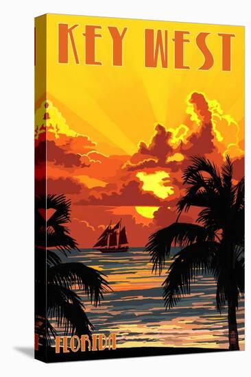 Key West, Florida - Sunset and Ship-Lantern Press-Stretched Canvas