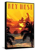 Key West, Florida - Sunset and Ship-Lantern Press-Framed Stretched Canvas
