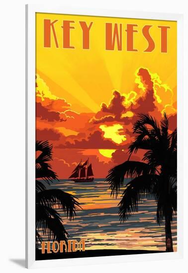 Key West, Florida - Sunset and Ship-Lantern Press-Framed Art Print