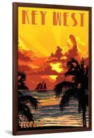 Key West, Florida - Sunset and Ship-Lantern Press-Framed Art Print