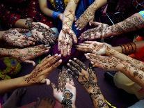 Pakistani Girls Show Their Hands Painted with Henna Ahead of the Muslim Festival of Eid-Al-Fitr-Khalid Tanveer-Mounted Premium Photographic Print