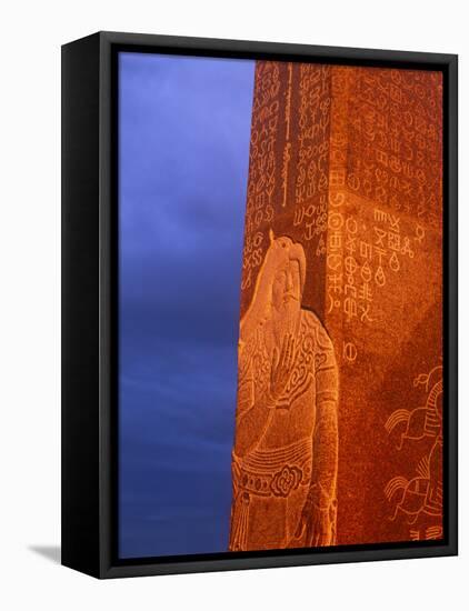 Khentii Province, Sunrise on a Carved Obelisk Dedicated to Genghis Khan, Mongolia-Paul Harris-Framed Stretched Canvas