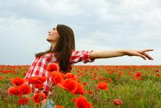 Young Beautiful Woman Walking and Dancing through a Poppy Field, Summer Outdoor.-khorzhevska-Photographic Print