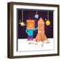 Kid Making Cardboard Box Rocket and Astronaut Costume Helmet. Boy Playing Space Exploration. Vector-Iconic Bestiary-Framed Art Print