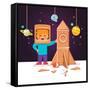 Kid Making Cardboard Box Rocket and Astronaut Costume Helmet. Boy Playing Space Exploration. Vector-Iconic Bestiary-Framed Stretched Canvas