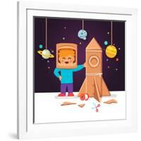 Kid Making Cardboard Box Rocket and Astronaut Costume Helmet. Boy Playing Space Exploration. Vector-Iconic Bestiary-Framed Art Print