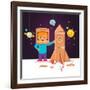 Kid Making Cardboard Box Rocket and Astronaut Costume Helmet. Boy Playing Space Exploration. Vector-Iconic Bestiary-Framed Art Print