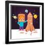 Kid Making Cardboard Box Rocket and Astronaut Costume Helmet. Boy Playing Space Exploration. Vector-Iconic Bestiary-Framed Art Print