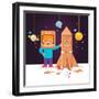 Kid Making Cardboard Box Rocket and Astronaut Costume Helmet. Boy Playing Space Exploration. Vector-Iconic Bestiary-Framed Art Print