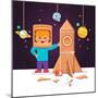 Kid Making Cardboard Box Rocket and Astronaut Costume Helmet. Boy Playing Space Exploration. Vector-Iconic Bestiary-Mounted Art Print