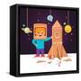 Kid Making Cardboard Box Rocket and Astronaut Costume Helmet. Boy Playing Space Exploration. Vector-Iconic Bestiary-Framed Stretched Canvas