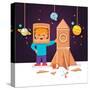 Kid Making Cardboard Box Rocket and Astronaut Costume Helmet. Boy Playing Space Exploration. Vector-Iconic Bestiary-Stretched Canvas