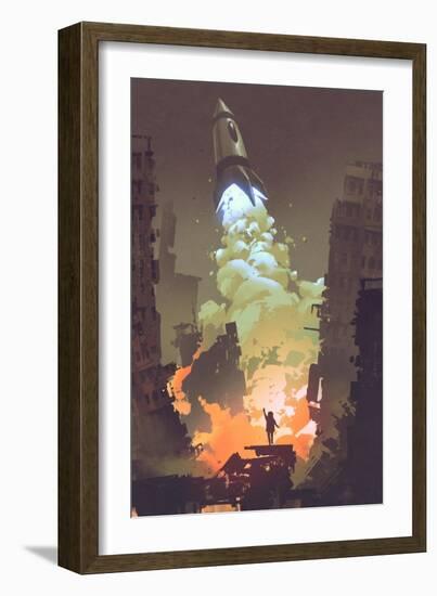 Kid Waving Goodbye and Standing in Front of a Space Rocket Launch Take Off,Illustration Painting-Tithi Luadthong-Framed Art Print