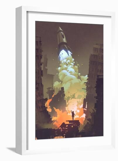 Kid Waving Goodbye and Standing in Front of a Space Rocket Launch Take Off,Illustration Painting-Tithi Luadthong-Framed Art Print