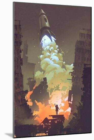 Kid Waving Goodbye and Standing in Front of a Space Rocket Launch Take Off,Illustration Painting-Tithi Luadthong-Mounted Art Print