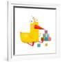 Kids Duck Playing Cubes Funny Toy. Yellow Duckling Birdie Cartoon Funny Childish Adorable Illustrat-Popmarleo-Framed Art Print