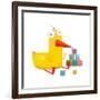 Kids Duck Playing Cubes Funny Toy. Yellow Duckling Birdie Cartoon Funny Childish Adorable Illustrat-Popmarleo-Framed Art Print