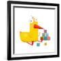 Kids Duck Playing Cubes Funny Toy. Yellow Duckling Birdie Cartoon Funny Childish Adorable Illustrat-Popmarleo-Framed Art Print