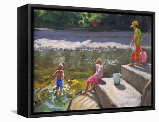 Kids Fishing, Looe, Cornwall, 2014-Andrew Macara-Framed Stretched Canvas