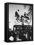 Kids Hanging on Crossbars of Railroad Crossing Signal to See and Hear Richard M. Nixon Speak-Carl Mydans-Framed Stretched Canvas