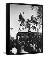 Kids Hanging on Crossbars of Railroad Crossing Signal to See and Hear Richard M. Nixon Speak-Carl Mydans-Framed Stretched Canvas