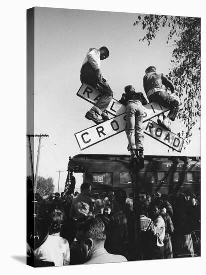 Kids Hanging on Crossbars of Railroad Crossing Signal to See and Hear Richard M. Nixon Speak-Carl Mydans-Stretched Canvas