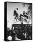 Kids Hanging on Crossbars of Railroad Crossing Signal to See and Hear Richard M. Nixon Speak-Carl Mydans-Framed Stretched Canvas