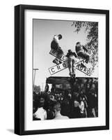 Kids Hanging on Crossbars of Railroad Crossing Signal to See and Hear Richard M. Nixon Speak-Carl Mydans-Framed Premium Photographic Print