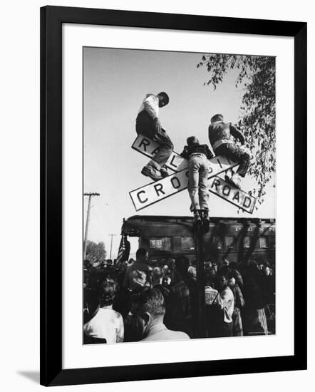 Kids Hanging on Crossbars of Railroad Crossing Signal to See and Hear Richard M. Nixon Speak-Carl Mydans-Framed Photographic Print