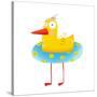 Kids Humorous Yellow Duck with Swimming Circle. Yellow Baby Bird Cartoon Cute Childish Drawing. Tra-Popmarleo-Stretched Canvas