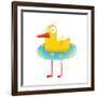 Kids Humorous Yellow Duck with Swimming Circle. Yellow Baby Bird Cartoon Cute Childish Drawing. Tra-Popmarleo-Framed Art Print