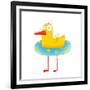 Kids Humorous Yellow Duck with Swimming Circle. Yellow Baby Bird Cartoon Cute Childish Drawing. Tra-Popmarleo-Framed Art Print