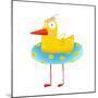 Kids Humorous Yellow Duck with Swimming Circle. Yellow Baby Bird Cartoon Cute Childish Drawing. Tra-Popmarleo-Mounted Art Print