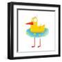 Kids Humorous Yellow Duck with Swimming Circle. Yellow Baby Bird Cartoon Cute Childish Drawing. Tra-Popmarleo-Framed Art Print