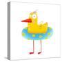 Kids Humorous Yellow Duck with Swimming Circle. Yellow Baby Bird Cartoon Cute Childish Drawing. Tra-Popmarleo-Stretched Canvas