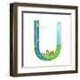 Kids Letter U Sign Cartoon Alphabet with Cars and Houses. for Children Boys and Girls with City, Ho-Popmarleo-Framed Art Print