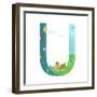 Kids Letter U Sign Cartoon Alphabet with Cars and Houses. for Children Boys and Girls with City, Ho-Popmarleo-Framed Art Print