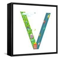 Kids Letter V Sign Cartoon Alphabet with Cars and Houses. for Children Boys and Girls with City, Ho-Popmarleo-Framed Stretched Canvas