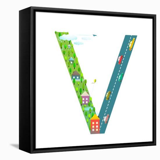 Kids Letter V Sign Cartoon Alphabet with Cars and Houses. for Children Boys and Girls with City, Ho-Popmarleo-Framed Stretched Canvas