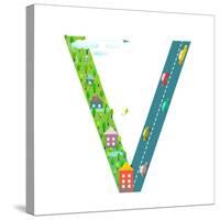 Kids Letter V Sign Cartoon Alphabet with Cars and Houses. for Children Boys and Girls with City, Ho-Popmarleo-Stretched Canvas