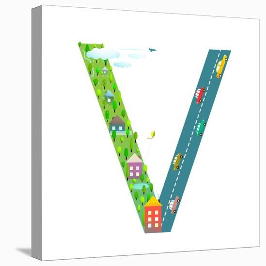 Kids Letter V Sign Cartoon Alphabet with Cars and Houses. for Children Boys and Girls with City, Ho-Popmarleo-Stretched Canvas
