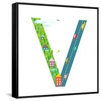 Kids Letter V Sign Cartoon Alphabet with Cars and Houses. for Children Boys and Girls with City, Ho-Popmarleo-Framed Stretched Canvas