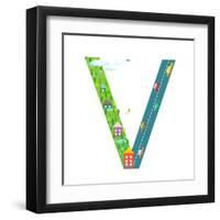 Kids Letter V Sign Cartoon Alphabet with Cars and Houses. for Children Boys and Girls with City, Ho-Popmarleo-Framed Art Print