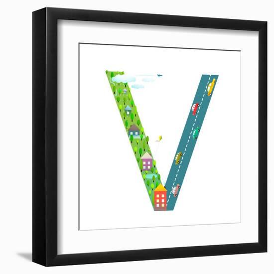 Kids Letter V Sign Cartoon Alphabet with Cars and Houses. for Children Boys and Girls with City, Ho-Popmarleo-Framed Art Print