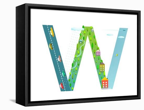 Kids Letter W Sign Cartoon Alphabet with Cars and Houses. for Children Boys and Girls with City, Ho-Popmarleo-Framed Stretched Canvas