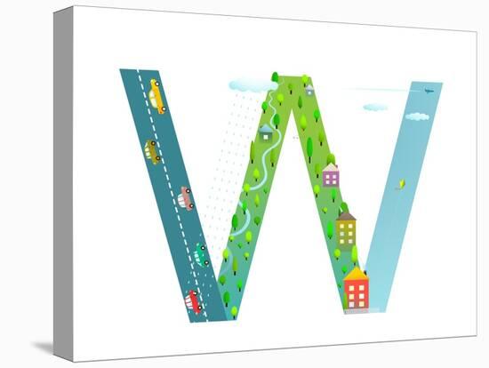 Kids Letter W Sign Cartoon Alphabet with Cars and Houses. for Children Boys and Girls with City, Ho-Popmarleo-Stretched Canvas
