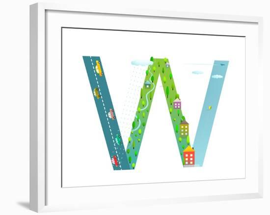 Kids Letter W Sign Cartoon Alphabet with Cars and Houses. for Children Boys and Girls with City, Ho-Popmarleo-Framed Art Print